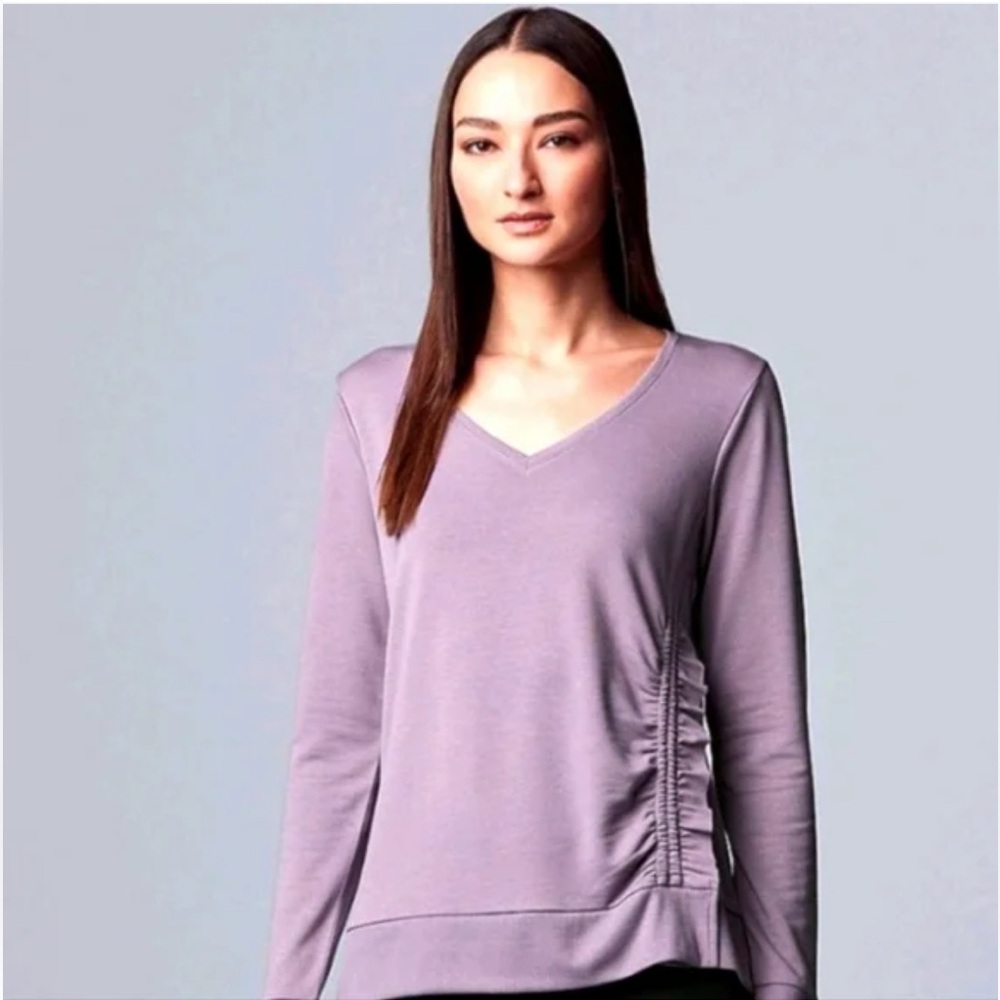 Simply Vera Vera Wang V-Neck Long Sleeve Ruched Soft French Terry Top